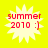 Yellow background with four identical white starburst shapes, each containing red text 'summer 2010 :)' in pixelated font.