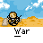Pixel art animation of a soldier in a trench with a rifle, firing at black aircraft against a blue sky with white clouds, with 'War' text below.