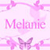 Pixelated pink icon with 'Melanie' text, pink butterflies, and floral patterns on a light pink background.