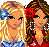 Pixel art contact sheet showing four frames of an animated buddy icon with two cartoon women in different outfits and pink text reading BEST FRENZ FOREVA.