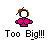Pixel art of a female character in pink clothing with brown hair, showing size variations and text labels like "Too Big!!!" and "Just Right."