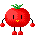 Pixelated red tomato-shaped character with green stem, black stick arms and legs, yellow smile, and red feet in multiple poses.
