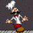 Animated pixel art of a chef character with a mustache, white hat, red bow tie, white shirt, red apron, blue pants, and brown shoes, performing a running motion against a gray background.