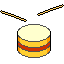 Pixelated drum with yellow and red stripes, white top surface, and striped sticks in various positions