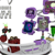 Pixelated static image showing multiple overlapping purple and gray shapes with red, green, blue, and brown elements on white background.