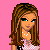Animated contact sheet of a pixel art doll with changing poses and text labels on white squares against pink background.