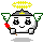 Four 40x40 pixel animated frames of a cartoon angel character with halo, wings, and staff in different poses on gray background.