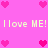 Pixelated pink background with repeated heart symbols and text reading 'I love ME! I love ME!' in light yellow.