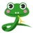Static pixel art of a green cartoon snake with large eyes, pink cheeks, and a yellow tongue sticking out against a white background.
