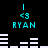 Pixelated cyan text and symbols on black background with white horizontal bars, showing repeated patterns of 'RYAN' under '<3' above a bar graph-like structure.