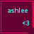 Four identical square with magenta borders display cyan text 'ashlee' and '<3', each has a distinct symbol in the corner