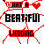 A static pixel art composition with repeating text elements and heart symbols in red, black, and white colors.