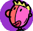 Pink cartoon character with yellow crown and green headphones on purple circular background, animated sequence showing head turning left to right.