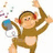 Pixelated monkey with brown fur and red headphones holds a blue and gray object, standing against white background with blue text on right.