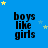Blue background with repeated 'boys like girls' text in black pixelated font, scattered yellow and light blue stars, and a gray rectangular overlay in the bottom-right corner.