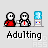 Pixel art animation of two figures with red shirts and white faces interacting near a blue-and-white portal, showing sequential actions including text bubbles and motion effects.
