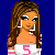 Pixel art contact sheet showing a female character with long brown hair and pink-and-white clothing alongside partial body views of the same character in blue jeans, with text options displayed below.