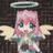 Pixelated static icon of a pink-haired anime-style character with angel wings and halo, wearing a light blue dress against dark background.