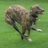 Pixelated image of a brown dog with a black collar standing on green grass, mouth open showing tongue, front legs extended forward, tail visible.