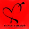 Red square background with black heart-shaped line drawing and arrow piercing through it, below which is pixelated text reading "LOVELIFEMAGIC".