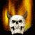 Pixelated skull with brown horns against orange-yellow flames, showing subtle animation changes in flame intensity and skull position.