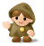 Pixel art character in brown hooded robe with yellow emblem, shown in two animation frames with slight pose differences against gray background.