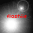 Four grayscale display a bright light source with red text 'flashii' beneath each, showing sequential animation frames of the light's position shifting across the