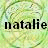 Two identical animated frames of a buddy icon featuring the name "natalie" over a green circular background with swirling patterns.