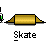Animated sequence showing a small robot performing tricks on a golden ramp with 'Skate' text below.