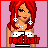 Pixel art contact sheet of a red-haired female character in white dress with black stripes, showing animation frames with text overlays and pose variations against pink background.