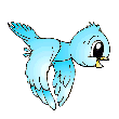 A blue cartoon bird with large black eyes and a yellow beak appears in six distinct poses across a