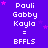 Purple background with repeated white text 'Pauli Gabby Kayla = BFFLS' and pink stars, with a gray rectangle in the bottom-right corner.