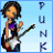 Pixelated animated buddy icon showing a cartoon woman playing electric guitar with vertical "PUNK" text, alternating between blue and red color schemes across two frames.