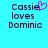 Pixelated text on cyan background with a pink heart symbol replacing the 'e' in Cassie, and an identical static version to its right.
