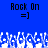 Blue background with 'Rock On' text and '=]' smiley above white pixelated wave-like shapes.