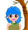 Pixelated cartoon character with blue hair and green top stands beside brown tree, alternating between smiling face and open mouth with musical notes.