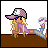 Pixelated character with long blonde hair wearing purple cap and shirt, leaning on brown surface against white background.