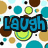 Pixelated icon with blue 'Laugh', green 'Out', and brown 'Loud' text over a background of multicolored circles.