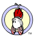 A circular icon with a light blue border and cream background shows a white cartoon character with red wings, pink legs, and a small black eye turning its head from left to right.
