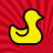 Yellow rubber duck icon with black outline on red striped background, static pixel art style.