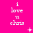 A bright pink background displays repeated white text reading 'i love u chris' with small pixelated symbols scattered around the edges.