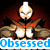 Pixelated character with glowing chest and head, red cape, blue text overlays reading 'Obsessed', 'Avatar', 'For Life' across four