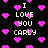 Black background with pink pixelated hearts and repeated white text "I LOVE YOU CARLY" in a pattern