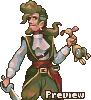 Pixel art character with green hair and beard, wearing a green vest over blue sleeves, holding a sword in one hand and a small creature in the other against gray background.