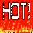Pixelated 'HOT!' text in gray with exclamation mark over flames on red background, transitioning to white and then back to red.