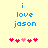 Blue text 'i love jason' on a pale yellow background with pink heart symbols below, two variations of the hearts animated.