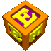 orange cubes with purple faces displaying yellow 'E' letters, each cube rotated to show different angles against a gray background