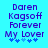 Pixelated blue text on cyan background reads Daren Kagsoff Forever My Lover with blue star symbols below, two versions differ in star arrangement.