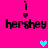 Pixelated pink background with four 'hershey' text blocks, each above a black exclamation mark and heart symbol; cyan and purple hearts animate between positions.