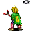 Pixel art character in green cloak and pink pants performing various combat poses with red-tipped staff, displayed in of animated frames